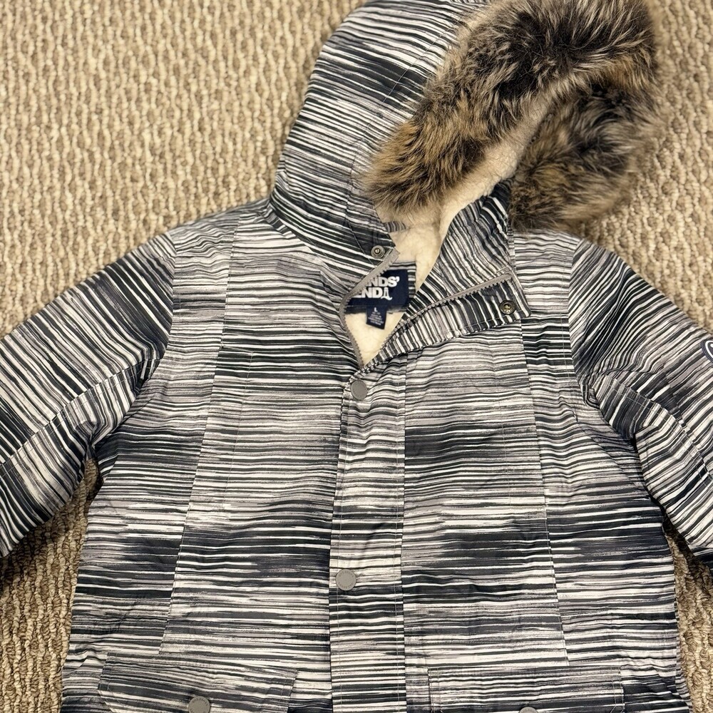 Lands' End Kids Down Hooded Parka Jacket Faux Fur Trim Full Zip L 10-12